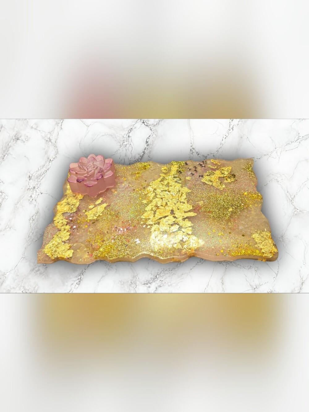 Rose Quartz Gold Flake Resin Tray with Pink Flower Accent Piece